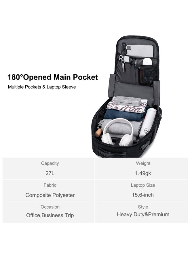 أركتيك هانتر حقيبة ظهر Arctic Hunter مضادة للسرقة للرجال، سعة 27 لترًا، متينة، مفتوحة بزاوية 180 درجة، قفل TSA، منفذ USB، من النوع C لأجهزة الكمبيوتر المحمولة مقاس 15.6 بوصة، لون أسود - Image 4